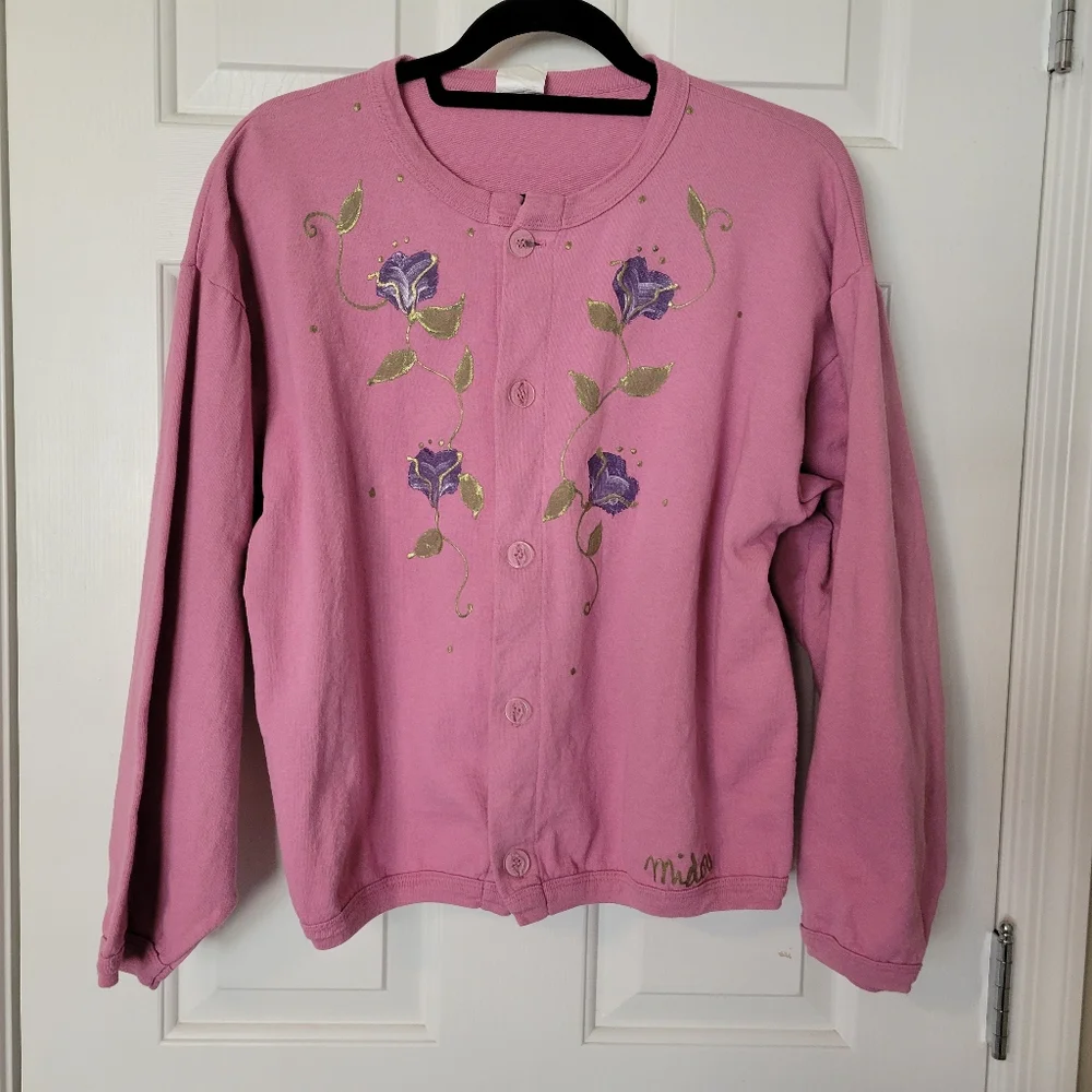 Handpainted Button Down Sweatshirt Dusty Rose w/Painted Florals Youth Sz 14/Lg - Picture 1 of 9